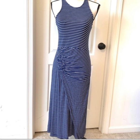Gap Maxi Dress Body Ruching Navy Stripe Medium Petite - Picture 2 of 7